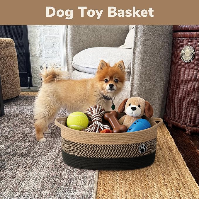30L Large Woven Rope Dog Toy Basket with Paw Print, Black Brown | 19.7" x 11" x 7.9" Dog Toy Bin & Box with Handles, Storage Basket for Blankets Towels, Fits Living Room Nursery Bedroom
