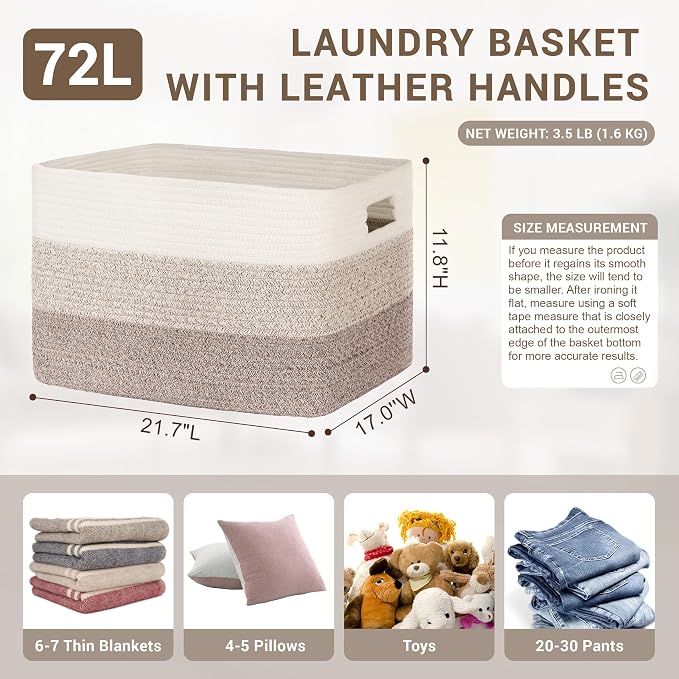 72L Large Woven Laundry Basket Hamper with Handles, Gradient Brown | collapsible wicker hamper, storage for dirty clothes, toys, blankets, gifts, living room, bedroom, bathroom, 22"x17"x12"