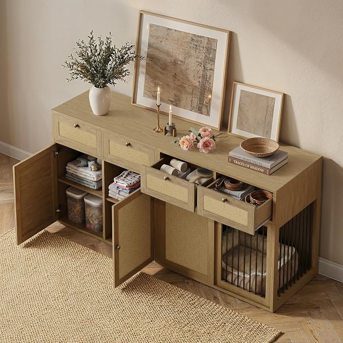 PureCozy 2-Piece Dog Crate Furniture, Right, 80 Inch, Light Oak | Right-unit kennel with metal sliding door plus cane storage cabinet and 4 total drawers; furniture-style indoor console.