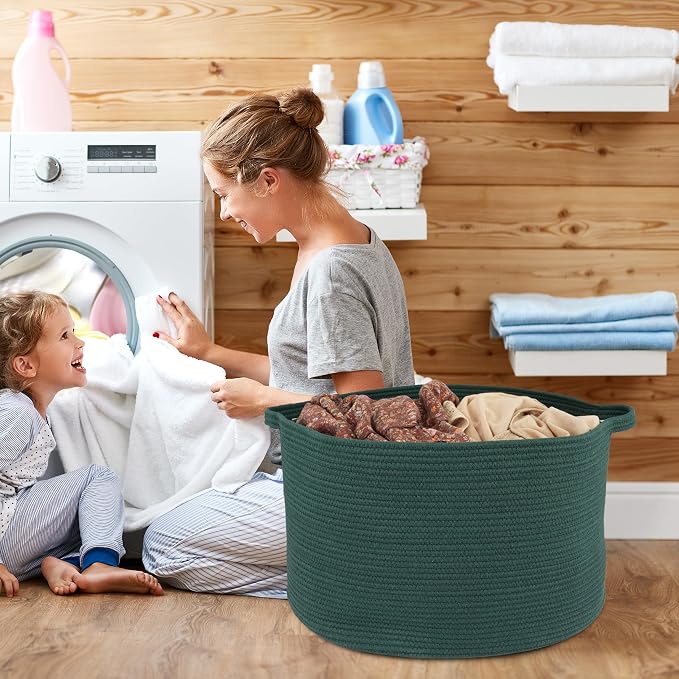 XUANGUO Extra Large Cotton Rope Round Storage Basket 22" x 14" Dark Green | Woven basket for blankets, toys, towels, laundry, nursery, living room and pet toy storage.
