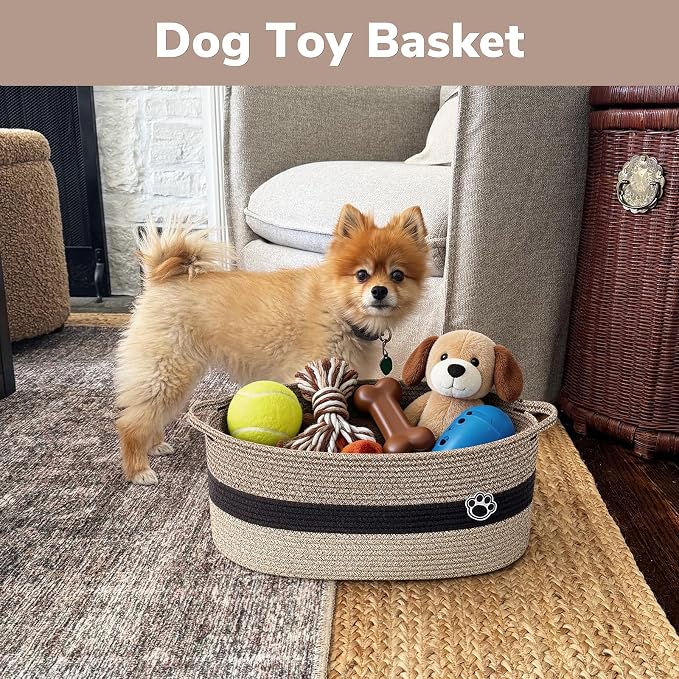 30L Large Woven Rope Dog Toy Basket with Paw Print, Brown Mix | 19.7" x 11" x 7.9" Dog Toy Bin & Box with Handles, Storage Basket for Blankets Towels, Fits Living Room Nursery Bedroom