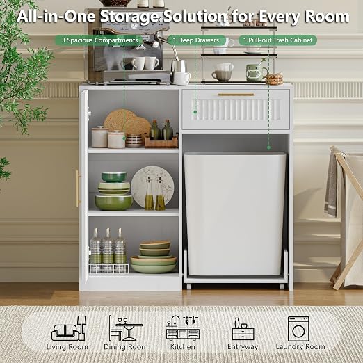 Single 13 Gallon Pull Out Trash Can Cabinet with Storage Cabinet,White | Pet Proof Hidden Garbage Can Cabinet,3-Tier Shelves,Fluted Design,Extra Drawer Space,Kitchen & Dining Room Organization