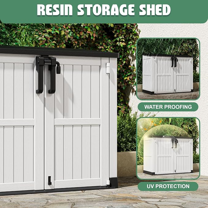 LHBcraft 36 Cu Ft Outdoor Storage Cabinet, Horizontal Resin Storage Shed Box for Backyards, Patios, Portable Waterproof Outdoor Storage Box with Lockable Doors, Ashen
