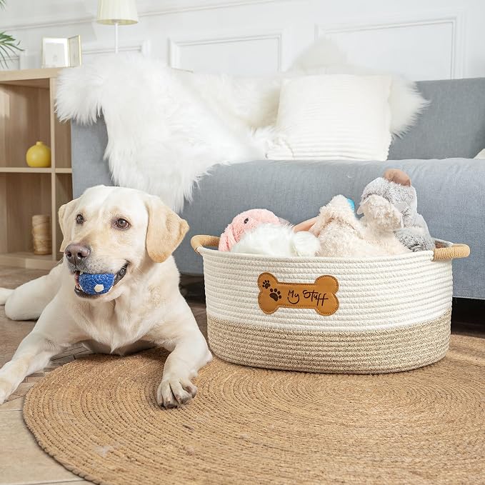 Dog Toy Basket|Cotton Rope Dog Toy Bin With Handle, 17.5"L×11.8"W×8"T