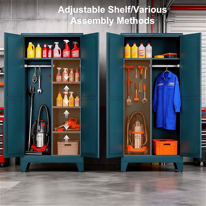 71" H Metal Garage Storage Cabinets,Broom Closet Storage Cabinet,Utility Cabinet,Blue Storage Cabinets