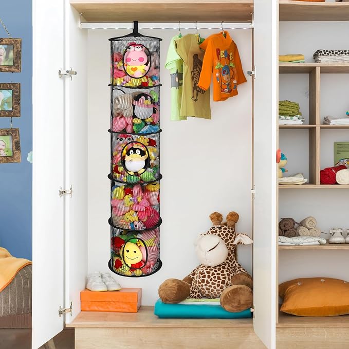Hanging Stuffed Animal Storage Hammock Net 5 Tiers, Black | Hanging Mesh Storage Organizer for Kids Room, Holds Plushies, Gloves, Hats, Socks, Foldable Space-saving Design