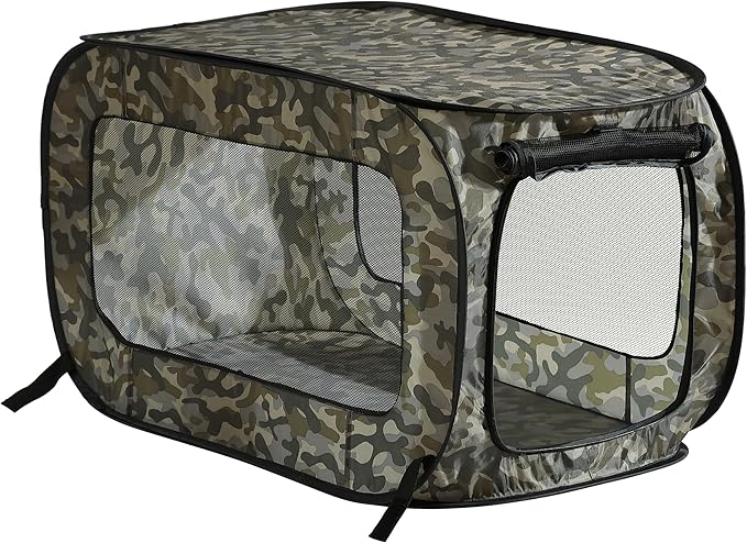 Portable Collapsible Pop Up Kennel, 24" L x 16.6" W x 16" H, Camo Green | Collapsible indoor/outdoor travel cat and dog crate with mesh screen windows pops up and folds flat for easy storage