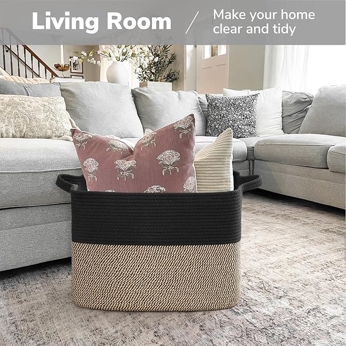 Goodpick 50L Large Woven Storage Basket, 18" x 14" x 12", Black Jute | Decorative Gift Basket for Nursery & Bedroom Organization, Wicker Baskets for Blankets, Pillows & Toys Storage, Rectangle