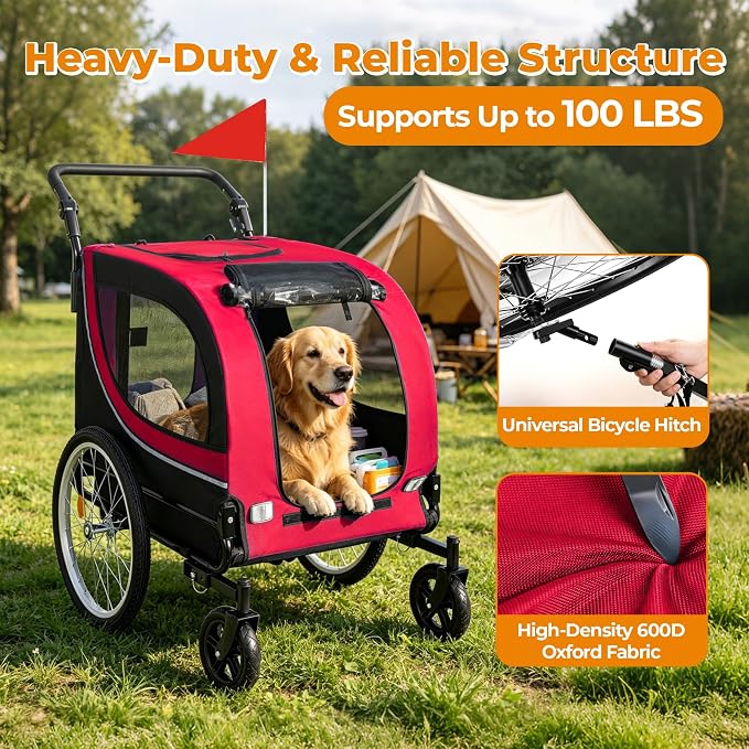 2-in-1 Bike Trailer & Pet Stroller for Dogs up to 100lbs– Foldable Pet Carrier Cart with Two 8'' Front Caster & 20'' Quick Release Air-Filled Wheels, Breathable Mesh and PVC Rain Cover, Red