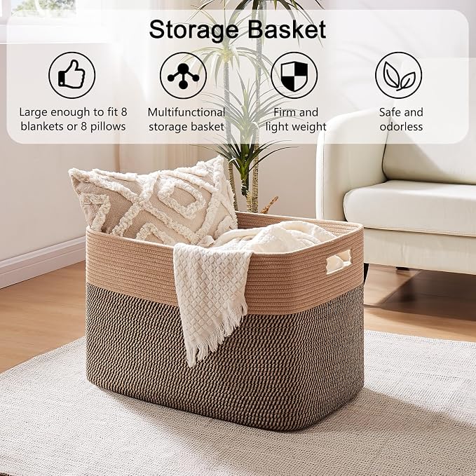 OIAHOMY 108L Extra Large Blanket Basket Dog Toy Basket Yellow | Rectangle Woven Baskets for Storage Cotton Rope Basket For Living Room Toy Storage Blanket Storage Laundry Basket
