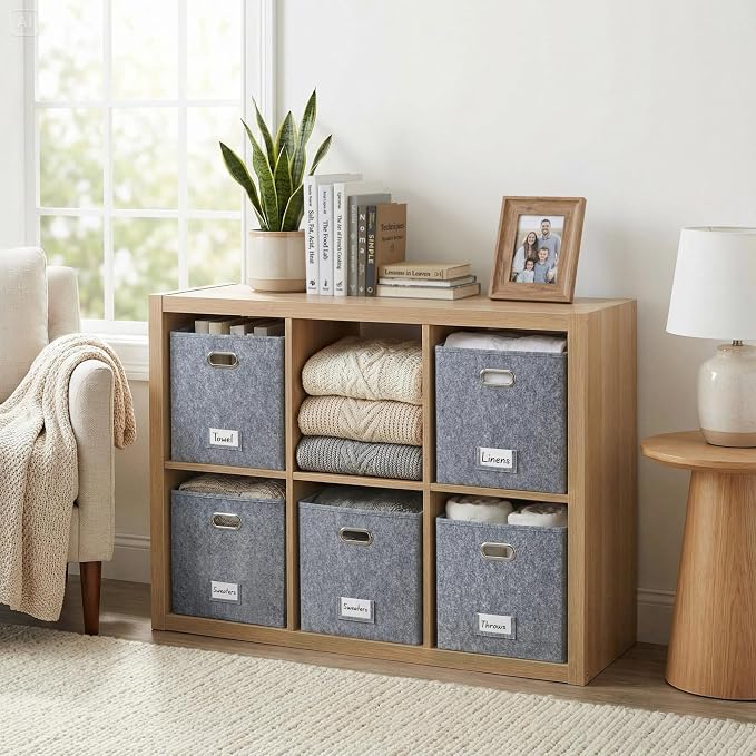 DECOMOMO Felt Storage Bins, 11 inch Cube Storage Bin with Labels | 6 Pack Storage Baskets for Shelves, Kallax (Dark Grey)
