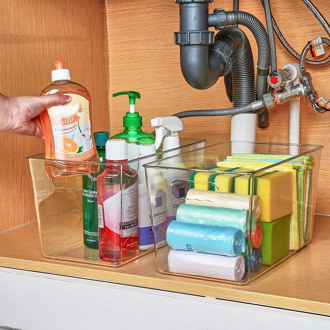 Vtopmart 6 Pack Clear Storage Bins, Pantry Storage Bins with Handle, XL | Plastic Pantry Organizer Containers for Kitchen, Refrigerator, Fridge, Cabinet, Countertops, Home Organization and Storage