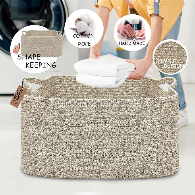COMFY-HOMI Large Rectangular Blanket, Cotton Rope Woven for Storage, LaundryHamper, Storage,Toy Organizing Bin with Handle, Organizer and Storage-22x15x12-