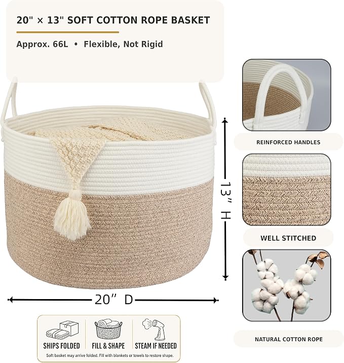 XUANGUO 66L Large Blanket Basket, Round Cotton Rope Basket, White & Brown | 20" x 13" Laundry Basket with Sturdy Handles for Blankets, Pillows and Toys; Storage for Living Room, Bedroom and Nursery