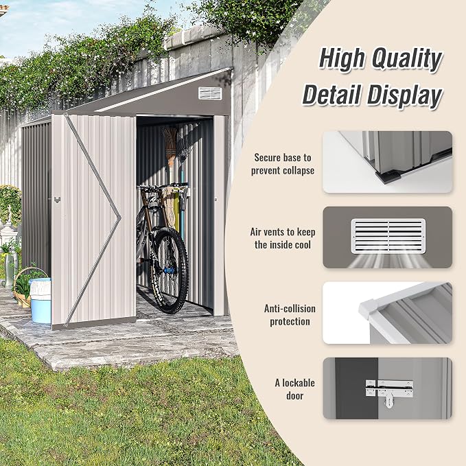 4x8FT Metal Storage Shed, Sloping Roof, Single Hinge Door,Dark Gray | Outdoor Tool Shed | Ventilation Windows | Waterproof | Protective Film | for Patio, Lawn and Utility Equipment
