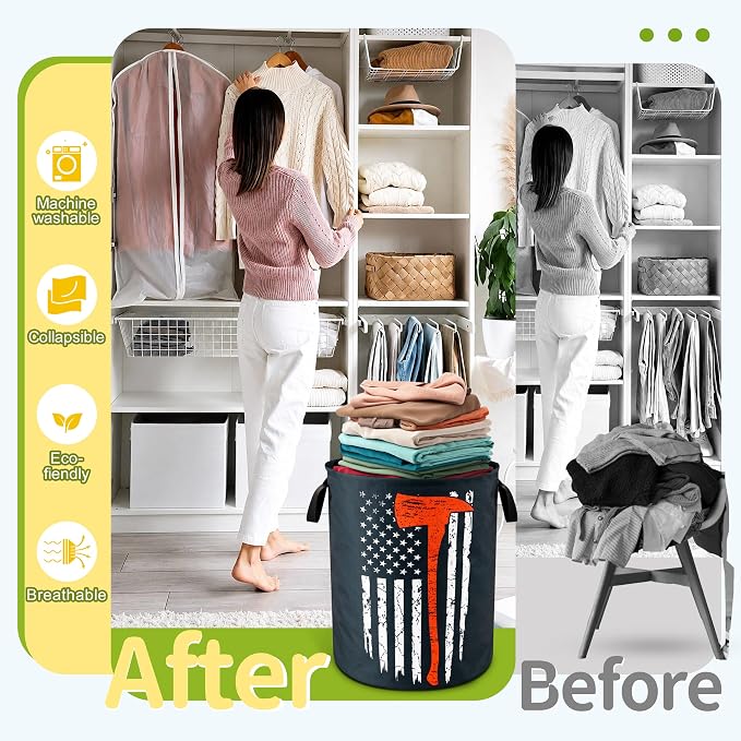 American Flag Red Line Ax Laundry Basket Foldable Waterproof 18.9x16.5 Inch | Oxford Cloth Hamper With Reinforced Handles Lining Large-Capacity Storage For Bathrooms/Laundry Rooms/ Living Rooms/Bedrooms