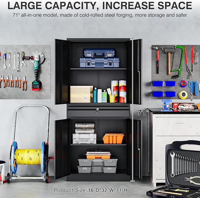 Metal Garage Storage Cabinet with Drawer and Lock,Black Metal Storage Cabinet with Locking Doors and Adjustable Shelves,71" Tall Large Steel Tool Cabinets for Home,Office,Garage,Shop