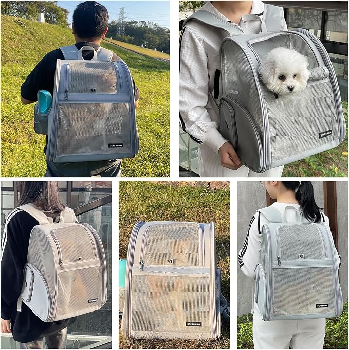 Cat Backpack Carrier for Small Dogs and Medium cat Puppy Kitten Bunny Pet Carrier Backpack Collapsible with Fully Ventilated Mesh with Safety Leash (Gray, 12.9" L x 10.62" W x 15.5" H - M)