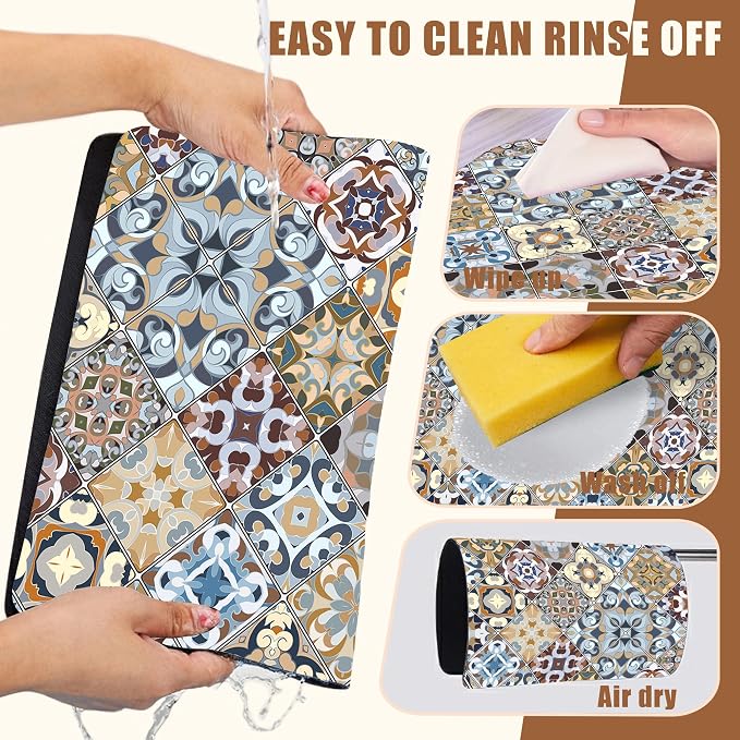 Retro Colorful Tiles Dish Drying Mat for Kitchen Counter Floral Coffee Mat Hide Stain Absorbent Drying Rack Pad with Rubber Backed Espresso Machine Coffee Bar Accessories 11.8 x 19.7 Inch