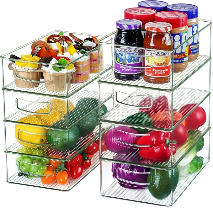 Qilinba Set Of 8 Stackable Pantry Organizer Bins, Clear Plastic Storage Bins for Home Edit Fridge Cabinet Organizing Storage Containers (4 Large and 4 Medium)