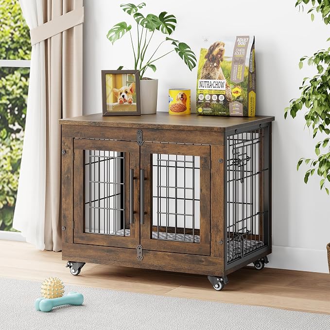 YaFiti Dog Crate Furniture, 27.2" Wooden Indoor Dog Kennel, Rustic Brown | for Small Dogs, Up to 30 lb, Cushion, Wheels, Double Doors, Furniture Style, Side End Table, Decorative Pet Cage House
