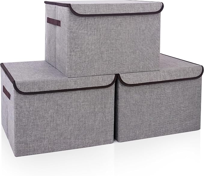 Large 17" 42 Quarts Collapsible Stackable Storage Bins with Lids [3-Pack] Foldable Fabric Linen Storage Boxes Cube, Closet Organizer Baskets with Label for Home (16.7 x 12 x 12, Gray)