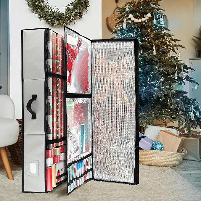 Hearth & Harbor Wrapping Paper Storage Container - Christmas Storage Bag with Ribbon Dispenser and Interior Pockets - Gift Wrap Organizer Fits Up to 26 Rolls of 40" Length, Silver