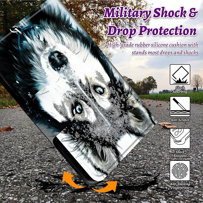 Rotating Handle Case for Samsung Tab S10 Ultra 2024/Galaxy S9 Ultra 2023 14.6", 360 Degree Swivel Kickstand with Magnetic Closure Shockproof Leather Protective Cover, Huskies in Snow