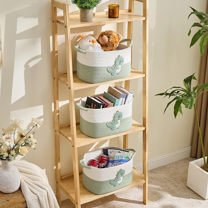 Storage Basket, Woven Baskets for Shelves, Green Dinosaur | 3 Pack Boho Cotton Rope Storage Baskets, 14" x 9" x 8", Home Organizer for Nursery, Holds Toys, Books & Towels