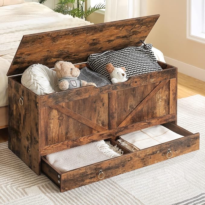 HOOBRO Storage Chest, 39.3" Toy Chest with Drawer, Wooden Storage Bench, Sturdy Entryway Bench Supports 220 lb, Shoe Bench, Safety Hinge, U-Shaped Opening, Easy Assembly, Rustic Brown FG710CW01G2