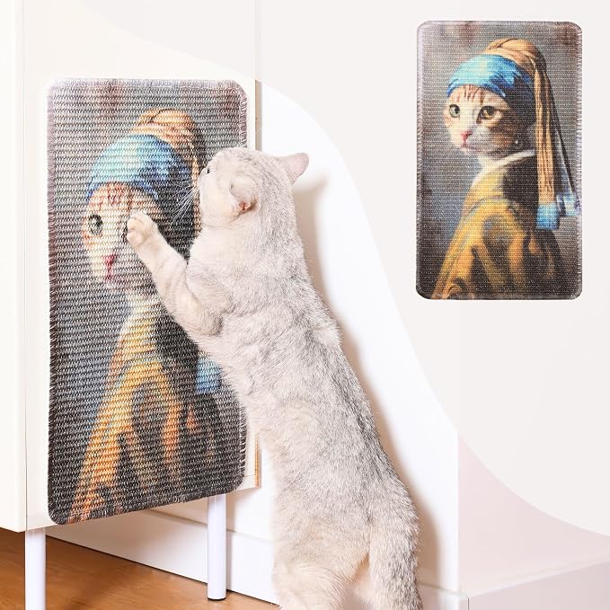 Sisal Cat Scratcher Post Mat (Use on Wall, Couch and Carpet), Shedding-Resistant Scratching Surface - 21.7x13 with Hoop and Loop Adhesives, Pads and Twist Pins (Cat with A Pearl Earring)