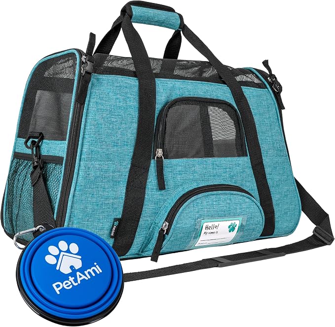 PetAmi Airline Approved Pet Carrier for Cats Small Dogs, Small Heather Blue | Soft Sided TSA Travel Bag, Sherpa Bed, Breathable Mesh Ventilation, Collapsible Bowl, Fits Under Seat, Up to 18 lbs