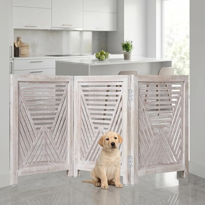 Lightnpro 3-Panel Carved Wooden Dog Gate – 54 Inch Foldable Freestanding Pet Barrier, White Wash Indoor Safety Fence for Small Dogs & Puppies – 24x18 Inch Panels