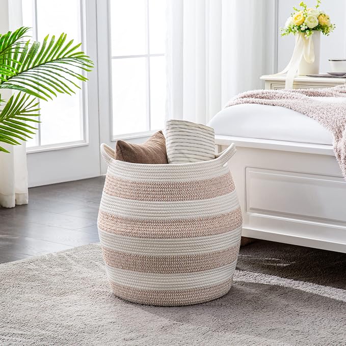 KAKAMAY Woven Baskets for Storage(17"x17"),Large Cotton Rope Woven Baby Laundry Hamper,Collapsible Laundry Basket, Blanket Basket for Organizing Living Room,Nursery,Pillows,Toy Chest(Rose)