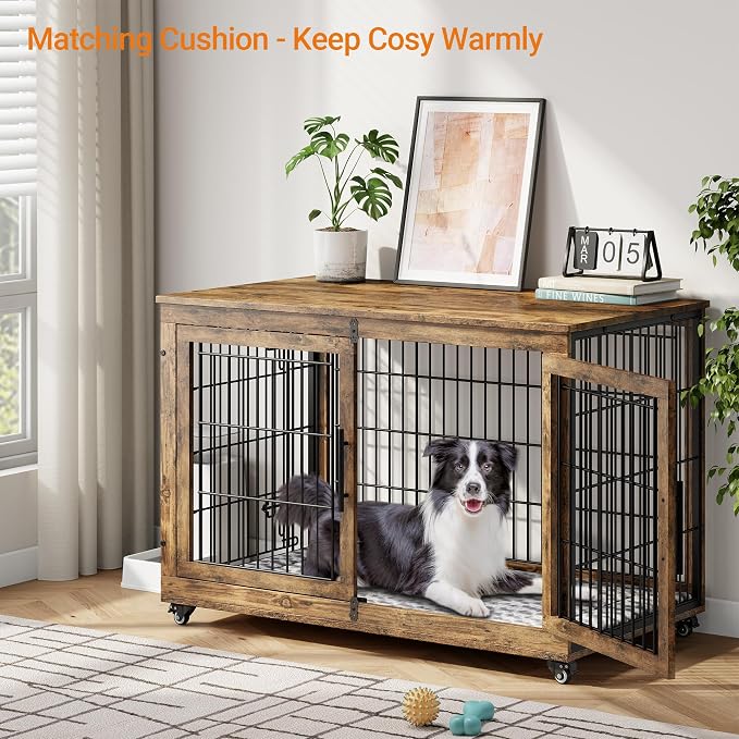 44'' Decorative Large Dog Crates Furniture w/Cushion & Wheels Wood Kennel | Rustic Brown, Double Doors, Wooden Dog Cage, Chew-Resistant, End Table, Decorative, 27"/32"/38"/44" Options, Indoor