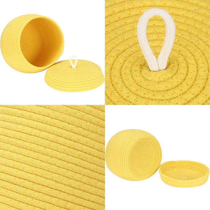 Sea Team Round Woven Cotton Rope Storage Basket with Lid, Yellow | Lidded Knitted Decorative Storage Bin, Pot, Caddy, Organizer, Container for Snacks, Towels, Plants, 10 x 7.5 Inches