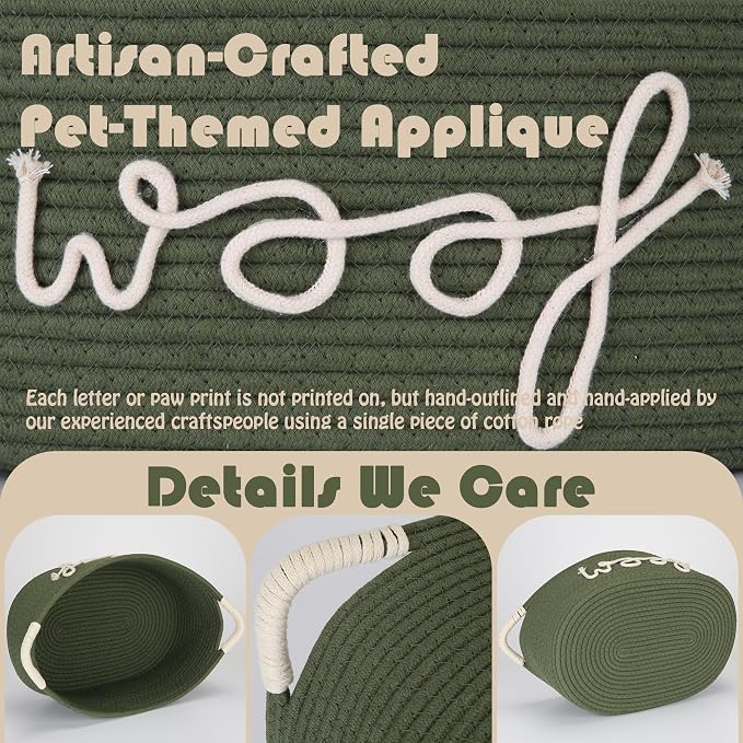 Sea Team Dog Toy Storage Basket with Handles, Green Woof | Large Cotton Rope Storage Bin, Shelf Basket, Organizer for Pet Chew Toys, Foods, 16.5 x 11 x 7 Inches, 4.4 Gallons