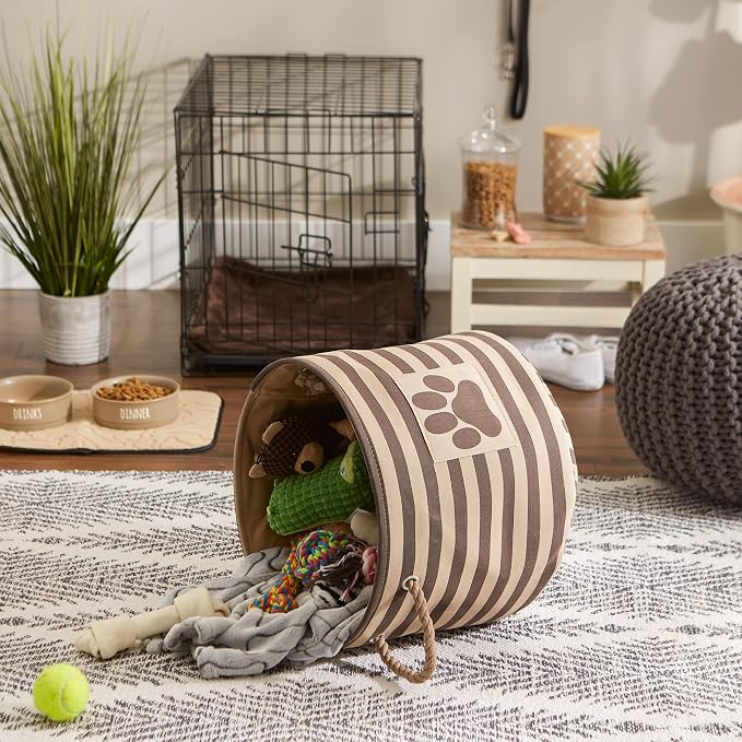 Bone Dry Pet Storage Collection Striped Paw Patch Bin, Medium Round, Brown