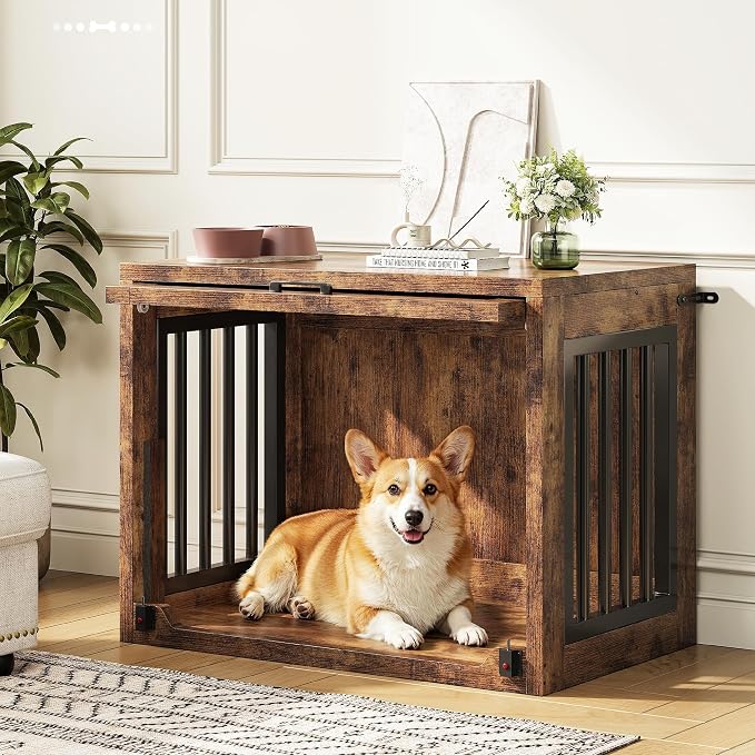 30" Small Dog Crate Furniture, Wooden Dog Kennel for Dogs up to 30 lbs, Heavy Duty Indoor Dog Cage with Hidden Sliding Door, Secure Safety Lock and Quiet Pads, Rustic Brown