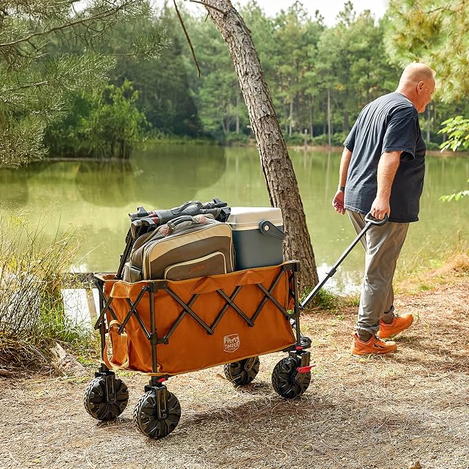 TIMBER RIDGE Outdoor Collapsible Folding Wagon with Brakes and Cup Holders, 500lbs Heavy Duty All Terrain Wheels Utility Cart for Shopping Camping Garden Sports, Orange