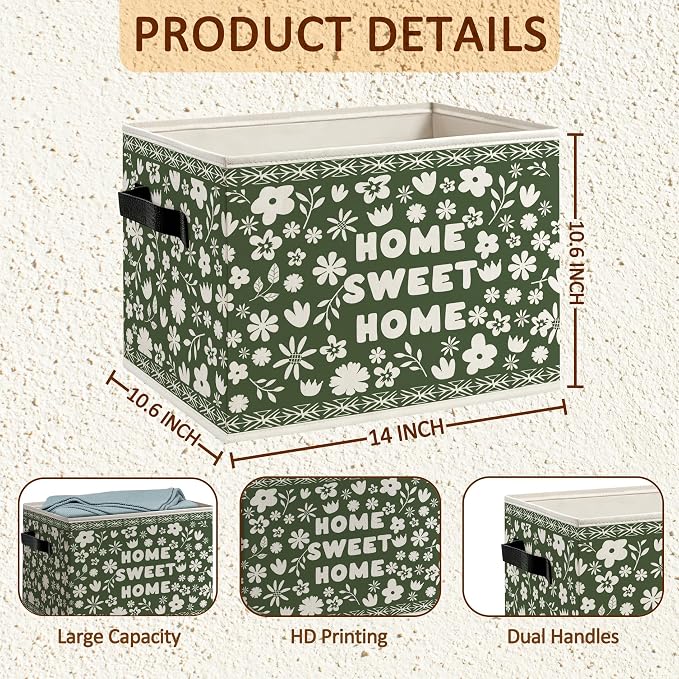 Home Sweet Home Floral Foldable Storage Bins Box with Handles, Housewarming Gifts, Cottagecore Sage Green Botanical Flower Decorative Storage Boxes Baskets Organizer for Bedroom Bathroom