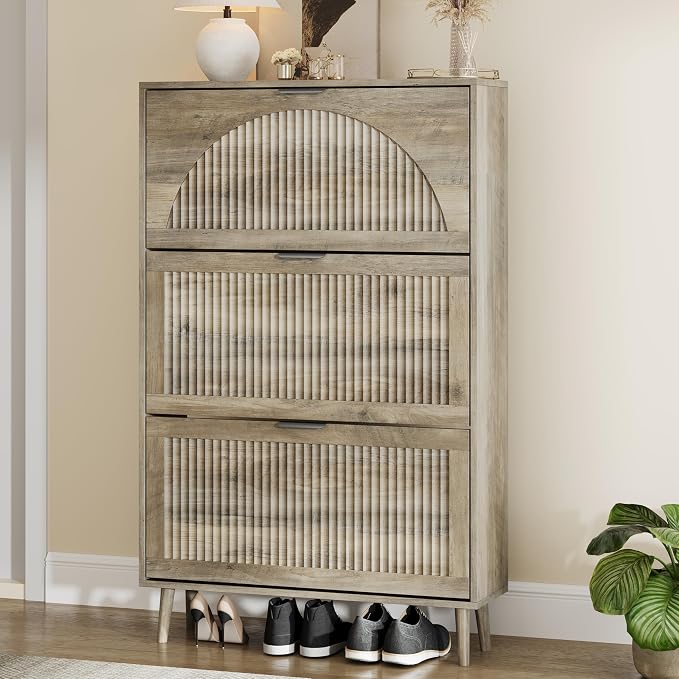 Shoe Storage Cabinet with 3 Flip Drawers, Narrow Wood Shoe Organizer Cabinet with Fluted Panel, Slim Shoe Rack for Entryway, Freestanding Shoe Cabinet for Living Room, Hallway, Grey