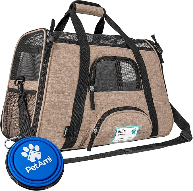 PetAmi Airline Approved Pet Carrier Cats & Small Dogs, Large Heather Taupe | Soft Sided TSA Travel Bag, Sherpa Bed, Breathable Mesh Ventilation, Collapsible Bowl, Fits Under Seat, Up to 18 lbs
