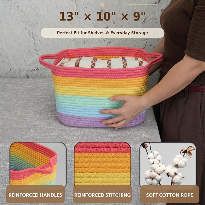 XUANGUO Woven Cotton Rope Storage Basket with Handles 13x10x9 inch Rainbow | Woven cotton rope basket for shelves and closets. Perfect for toys, books, clothes, nursery storage and gift baskets