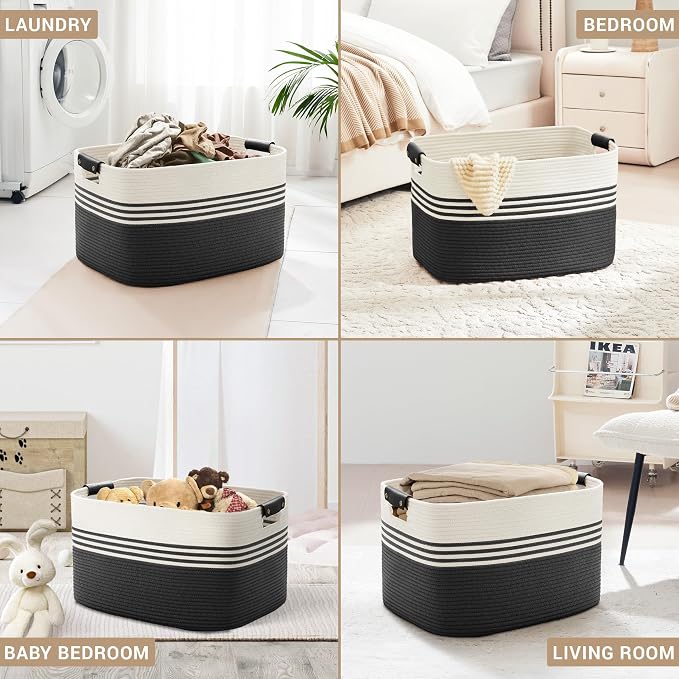 86L Large Woven Laundry Basket Hamper with Leather Handles,Black | collapsible wicker hamper, storage for dirty clothes, toys, blankets, gifts, living room, bedroom, bathroom, 24"x16"x14"