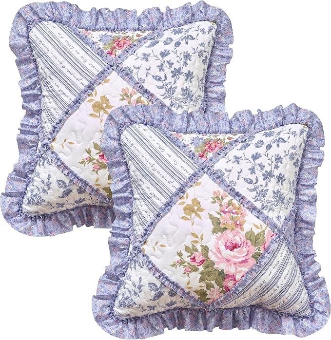 Brilliant Sunshine Rose Violet Ruffle Pillowshams Set, 18"x18" | Patchwork Design with Ruffles, Quilted Pillow Covers, Washable Throw Cushion Cases for Couchs and Beds, Pack of 2