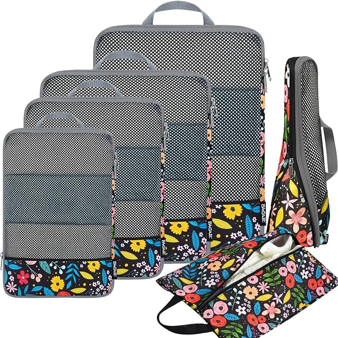 BAGAIL 4 Set/6 Set/8 Set Compression Packing Cubes Travel Accessories Expandable Packing Organizers (Half Mesh, 6-Black Floral)