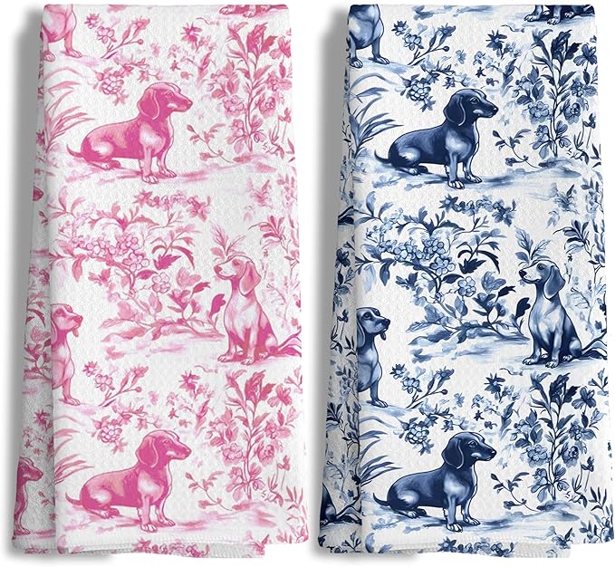 Pink Chinoiserie Dachshund Kitchen Towels Set of 2,Pink Floral Botanical Dachshund Decorative Dish Tea Towels,Grandmillennial Weiner Dog Hand Towels for Kitchen Bathroom, 16x24 Inch