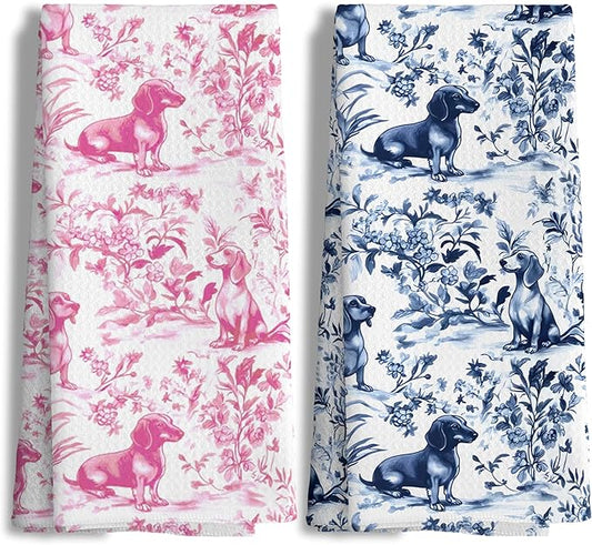 Pink Chinoiserie Dachshund Kitchen Towels Set of 2,Pink Floral Botanical Dachshund Decorative Dish Tea Towels,Grandmillennial Weiner Dog Hand Towels for Kitchen Bathroom, 16x24 Inch