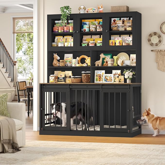 HOSTACK 71" Tall Dog Crate Furniture, Indoor Dog Kennel with Storage, Black | Removable Room Divider, 4 feeding bowls, Adjustable Shelves, Metal Lock & Spring Latch, Farmhouse Pet House for XL/XXL Dogs